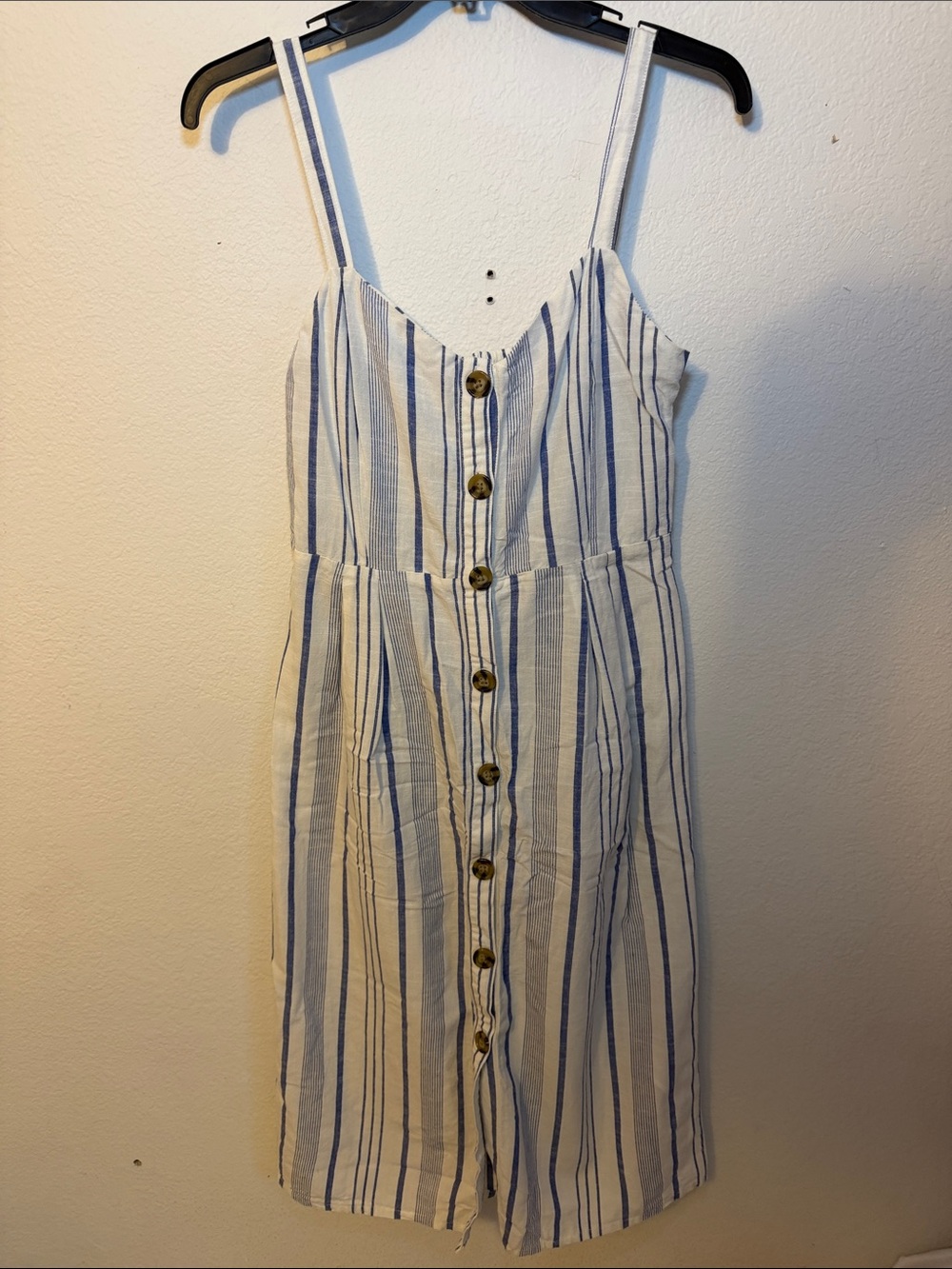 Striped Button-Front Midi Dress in White & Blue